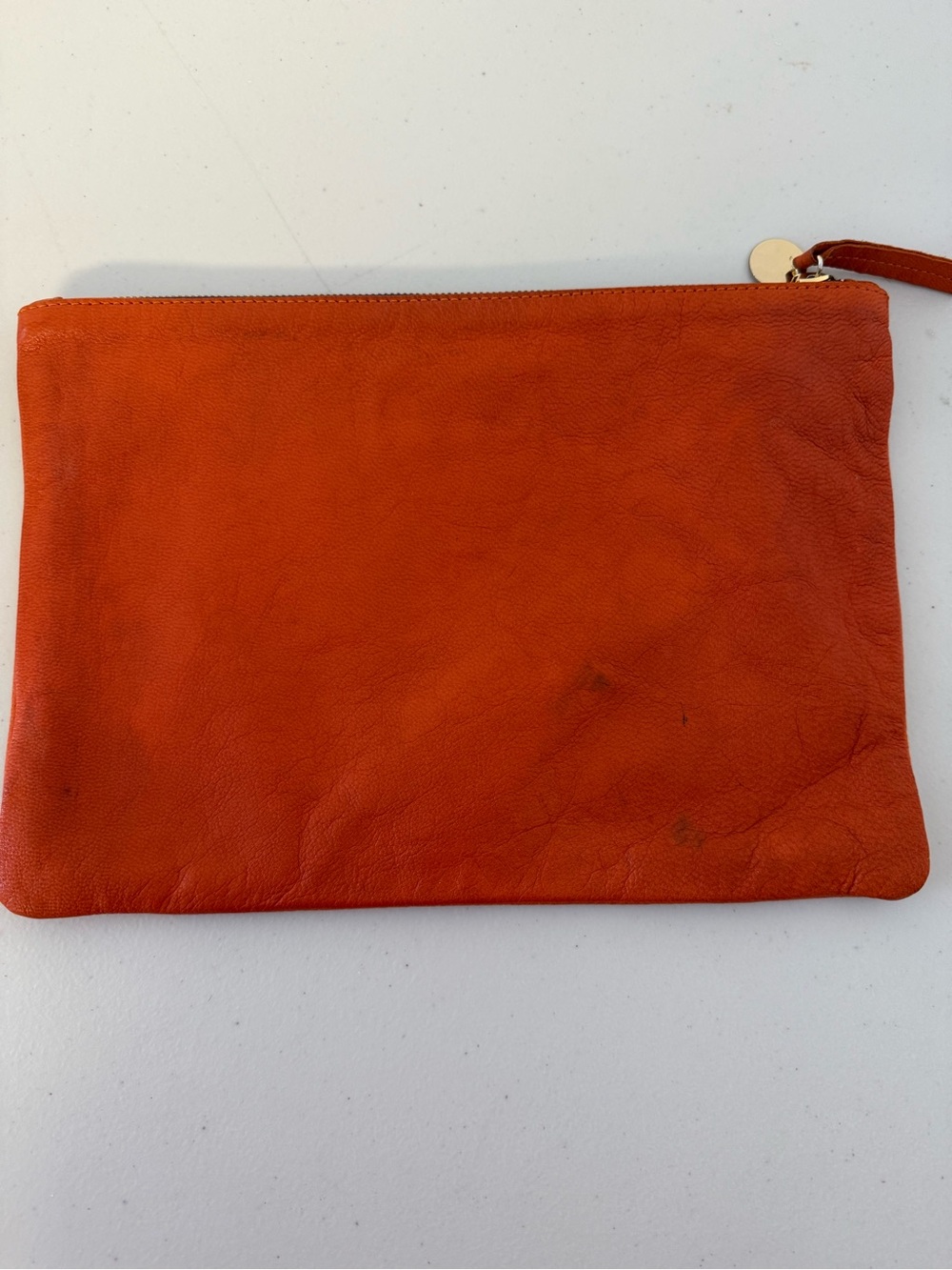 Clare V. Los Angeles Orange Leather Zip Clutch Pouch Wristlet Gold Hardware - Picture 7 of 13
